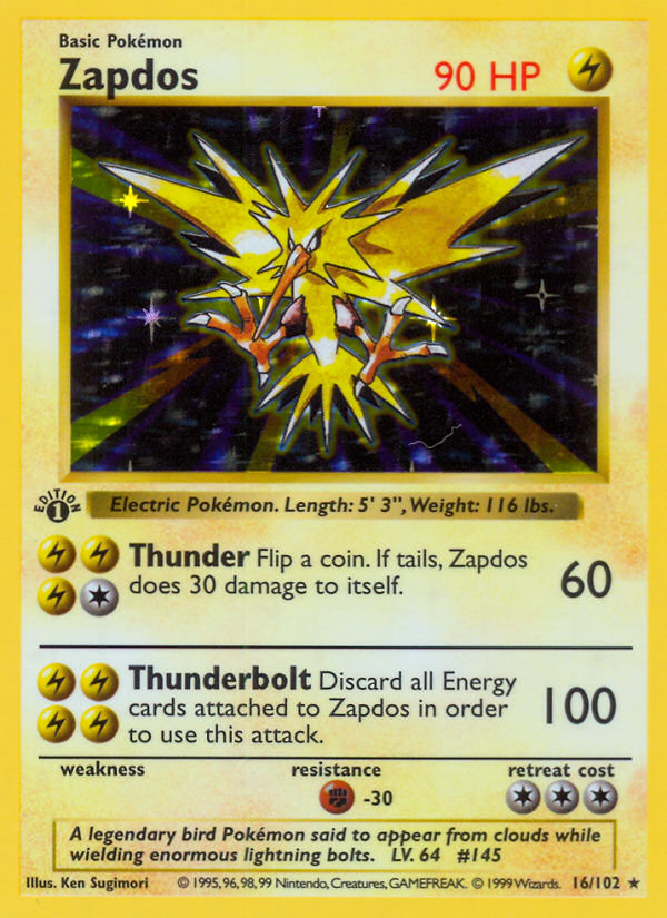 Zapdos (16/102) (Shadowless) [Base Set 1st Edition] - Evolution TCG