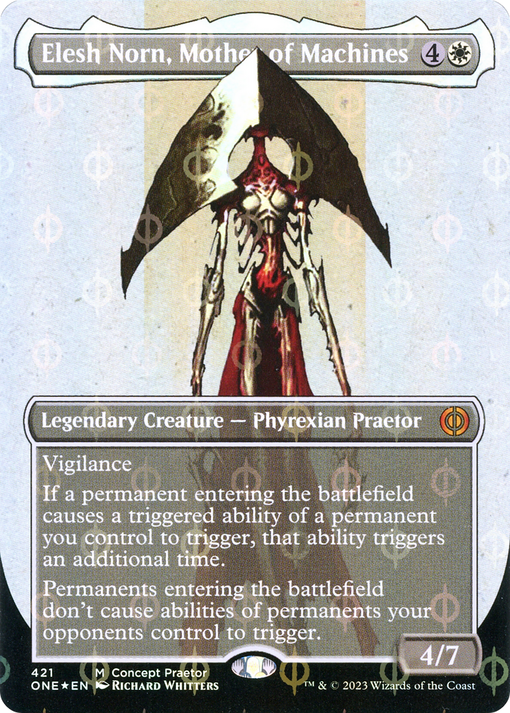 Elesh Norn, Mother of Machines (Borderless Concept Praetors Step-and-Compleat Foil) [Phyrexia: All Will Be One] - Evolution TCG