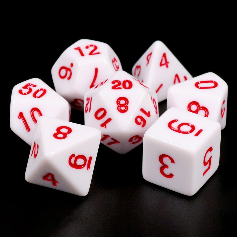 A&H Dice: White Opaque with Red Font - Poly 7 Die Set - Evolution TCG