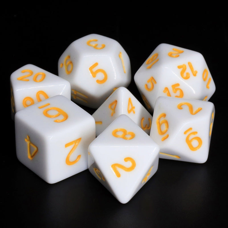 A&H Dice: White Opaque with Yellow Font - Poly 7 Die Set - Evolution TCG