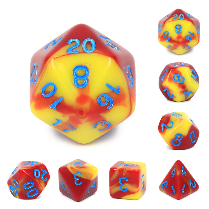 A&H Dice: Blend - Red & Yellow with Blue Font - Poly 7 Die Set - Evolution TCG