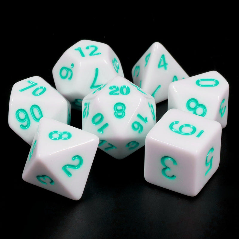 A&H Dice: White Opaque with Teal Font - Poly 7 Die Set - Evolution TCG