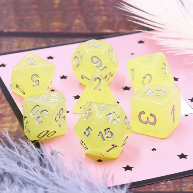 A&H Dice: Yellow Translucent Glitter - Poly 7 Die Set - Evolution TCG