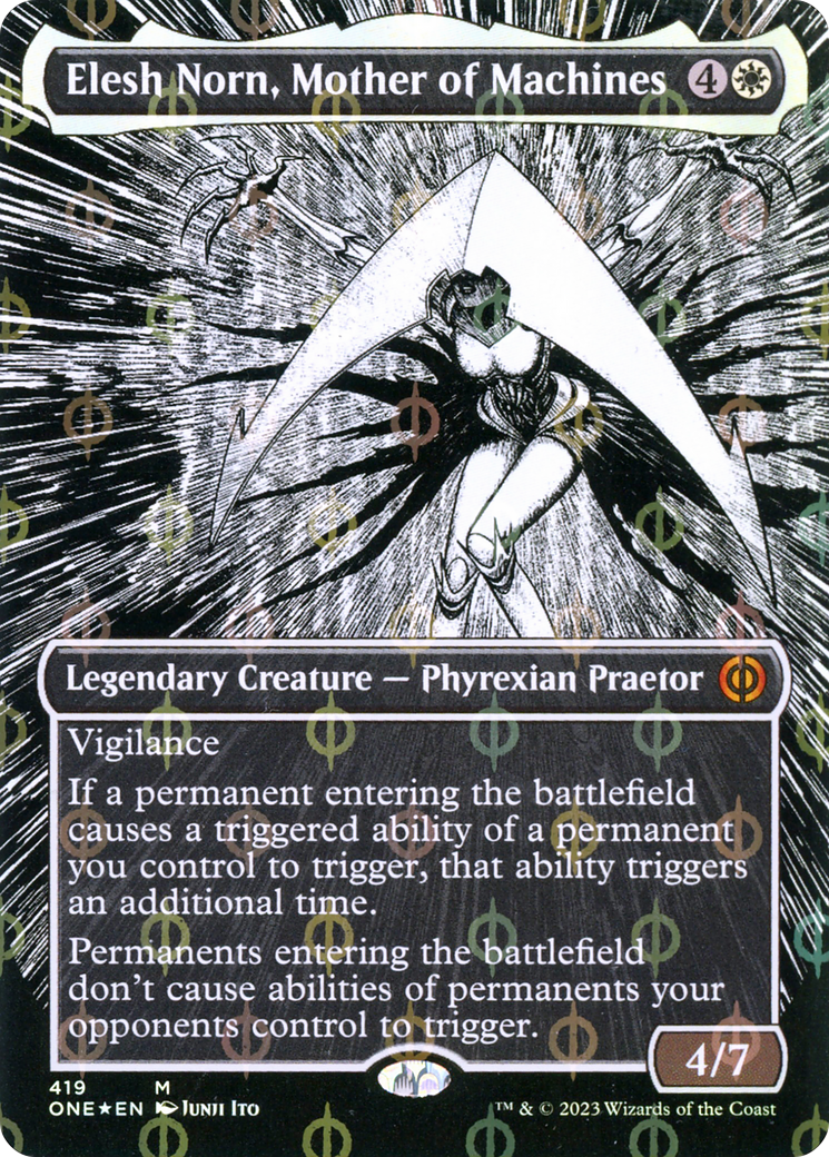 Elesh Norn, Mother of Machines (Borderless Manga Step-and-Compleat Foil) [Phyrexia: All Will Be One] - Evolution TCG