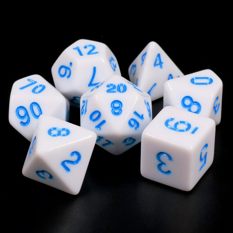 A&H Dice: White Opaque with Blue Font - Poly 7 Die Set - Evolution TCG