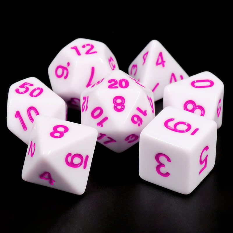 A&H Dice: White Opaque with Purple Font - Poly 7 Die Set - Evolution TCG