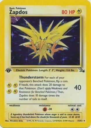 Zapdos (15/62) (Cosmos Holo) [Fossil 1st Edition] - Evolution TCG